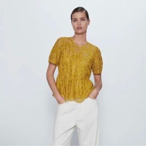 ZARA  Mustard Lace Peplum Short Sleeve Top Boho Women’s Size S